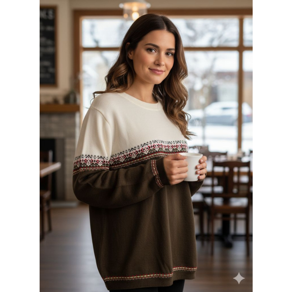 Vintage Faded Glory Crew Neck Sweater XL green White winter Fair Isle